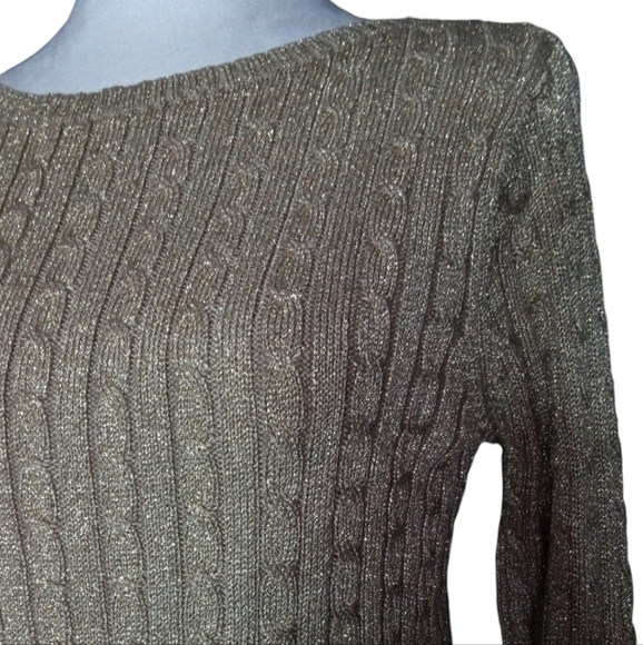 Lauren Ralph Lauren Gold Metallic Cable Knit Silk Blend Sweater Size Medium - Picture 4 of 7